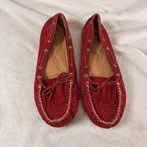 Forever Comfort Jimmi Red Suede Moccasin Flats Bow Tassel 8 Indie Preppy Boho